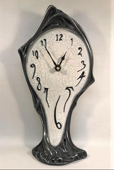 Dali inspired mantle clock in pewter with white crackle face by Julien Hatswell