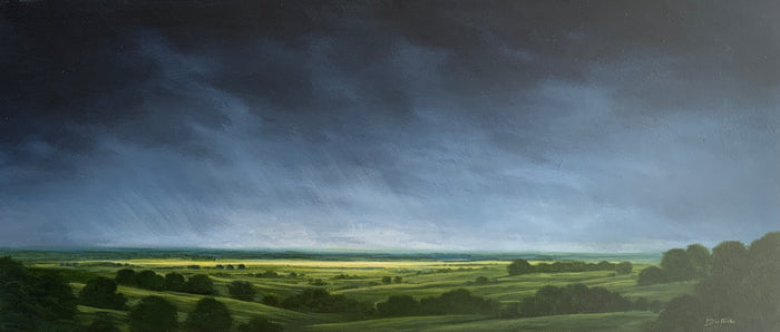 Landscape painting of a stormy sky over a green field with trees.