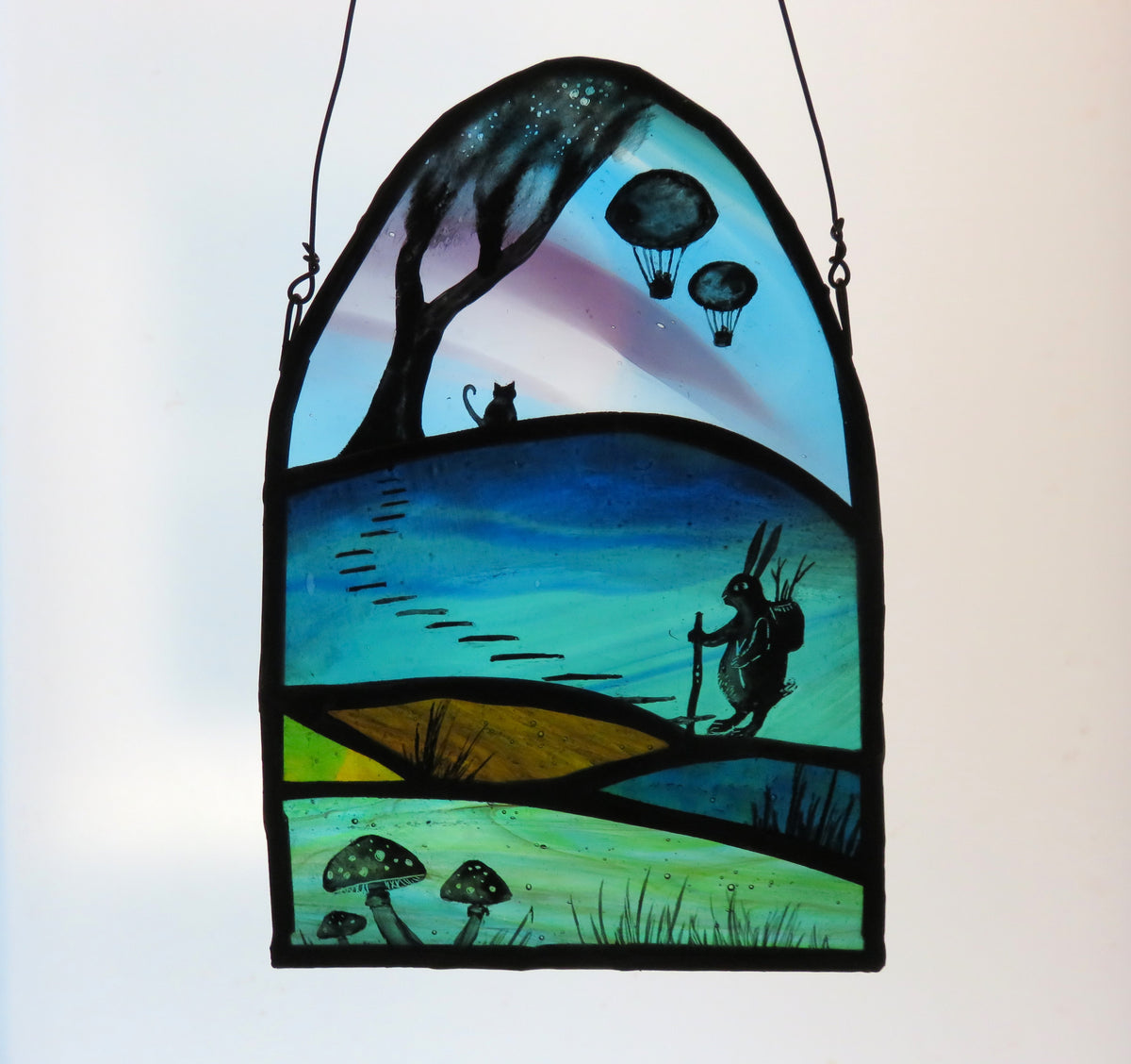 Hare & Air Balloons - stained glass panel by Debra Eden