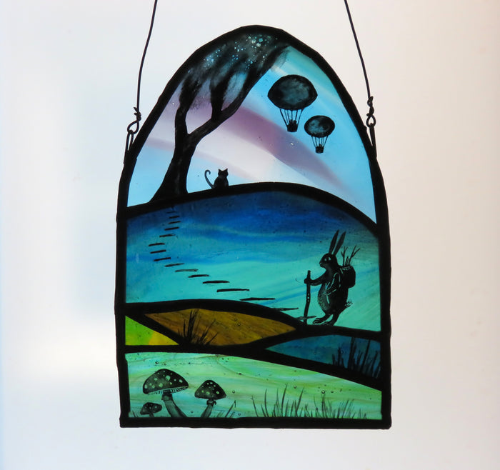 Hare & Air Balloons - stained glass panel by Debra Eden