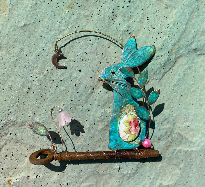 Small Hare with Moon Assemblage Sculpture in Mixed Media by Linda Lovatt