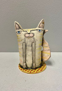 Short Yellow Cat - Ceramic Sculpture by Sarah Saunders