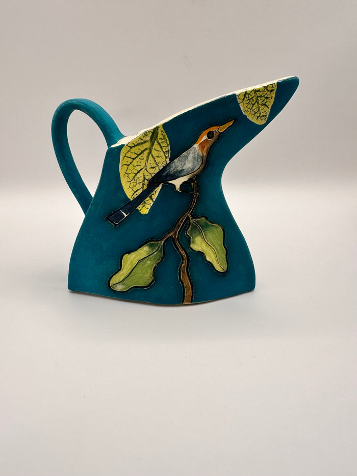 Triangular Owl & Bird Jug in Turquoise by Jeanne Jackson