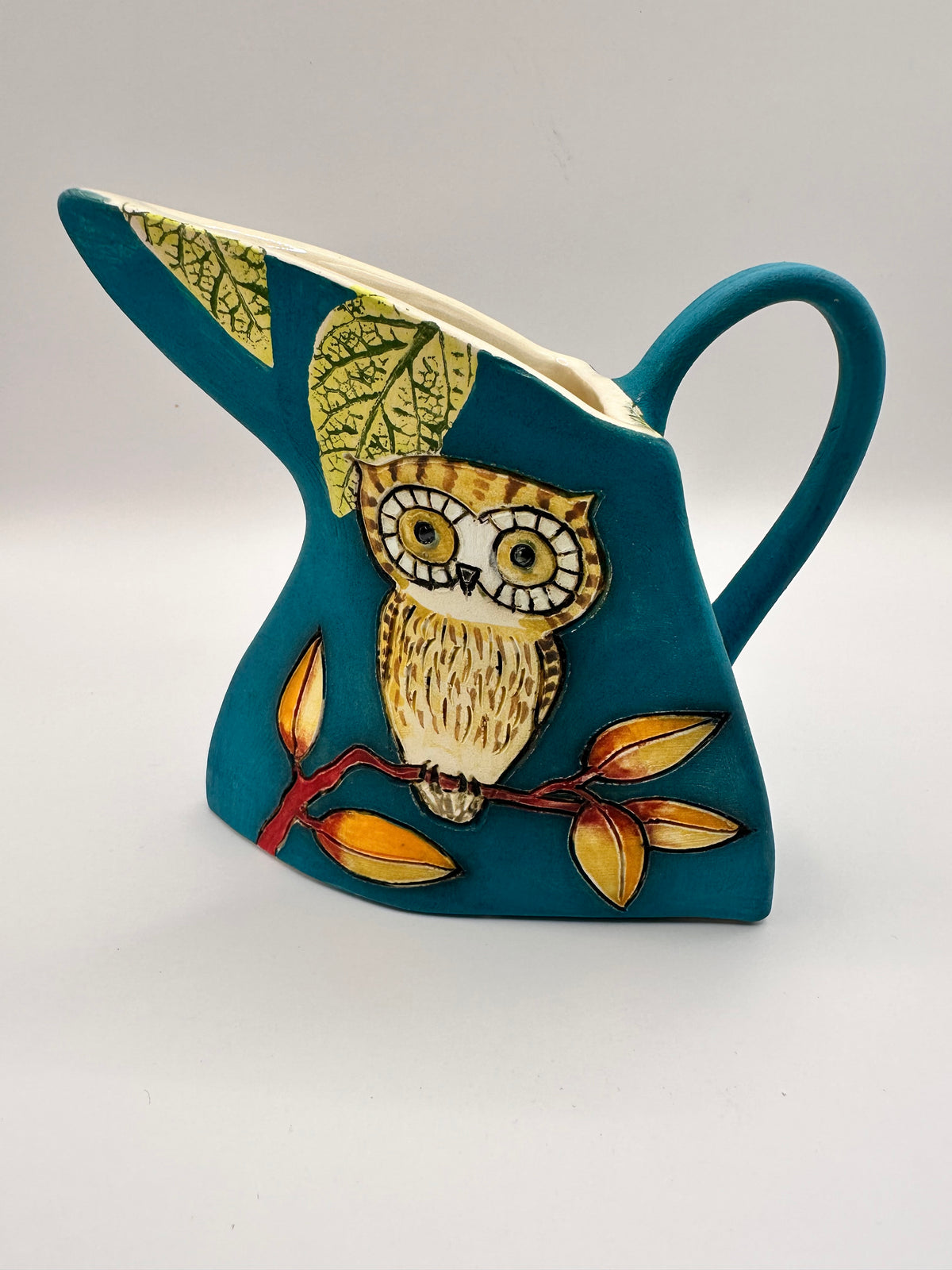Triangular Owl & Bird Jug in Turquoise by Jeanne Jackson