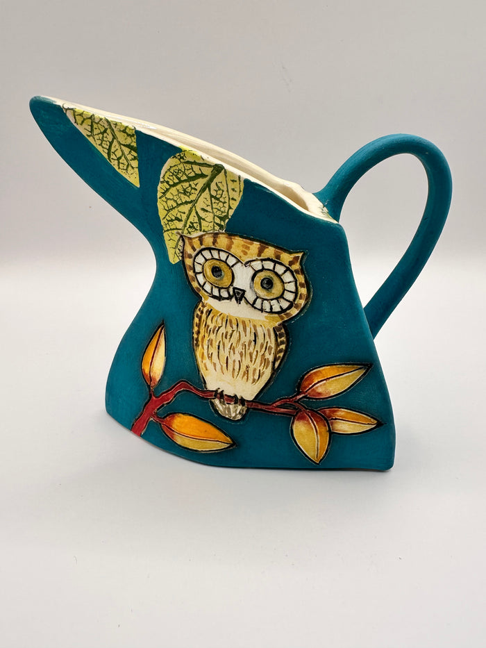Triangular Owl & Bird Jug in Turquoise by Jeanne Jackson