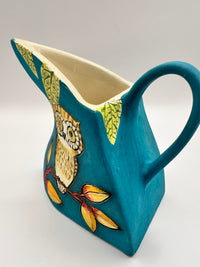 Triangular Owl & Bird Jug in Turquoise by Jeanne Jackson