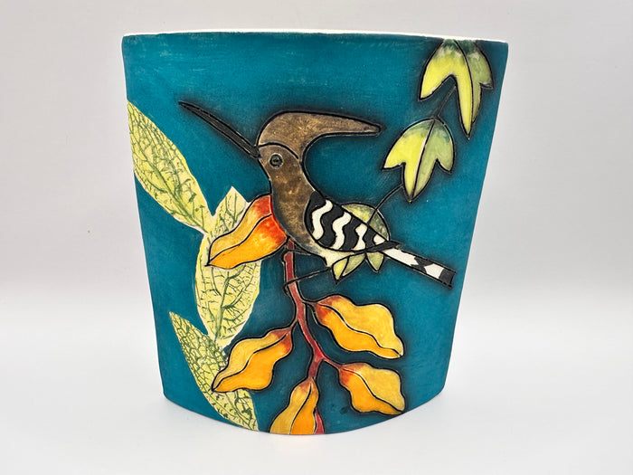 Hoopoe & Chameleon Design Flat Vase in Teal with by Jeanne Jackson