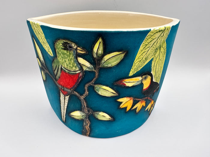 Bird Design Flat Vase in Teal with by Jeanne Jackson