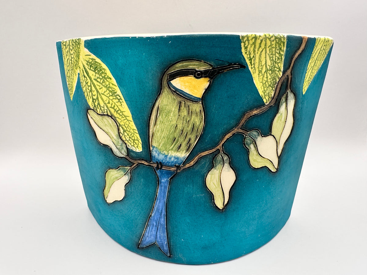 Bird Design Flat Vase in Teal with by Jeanne Jackson