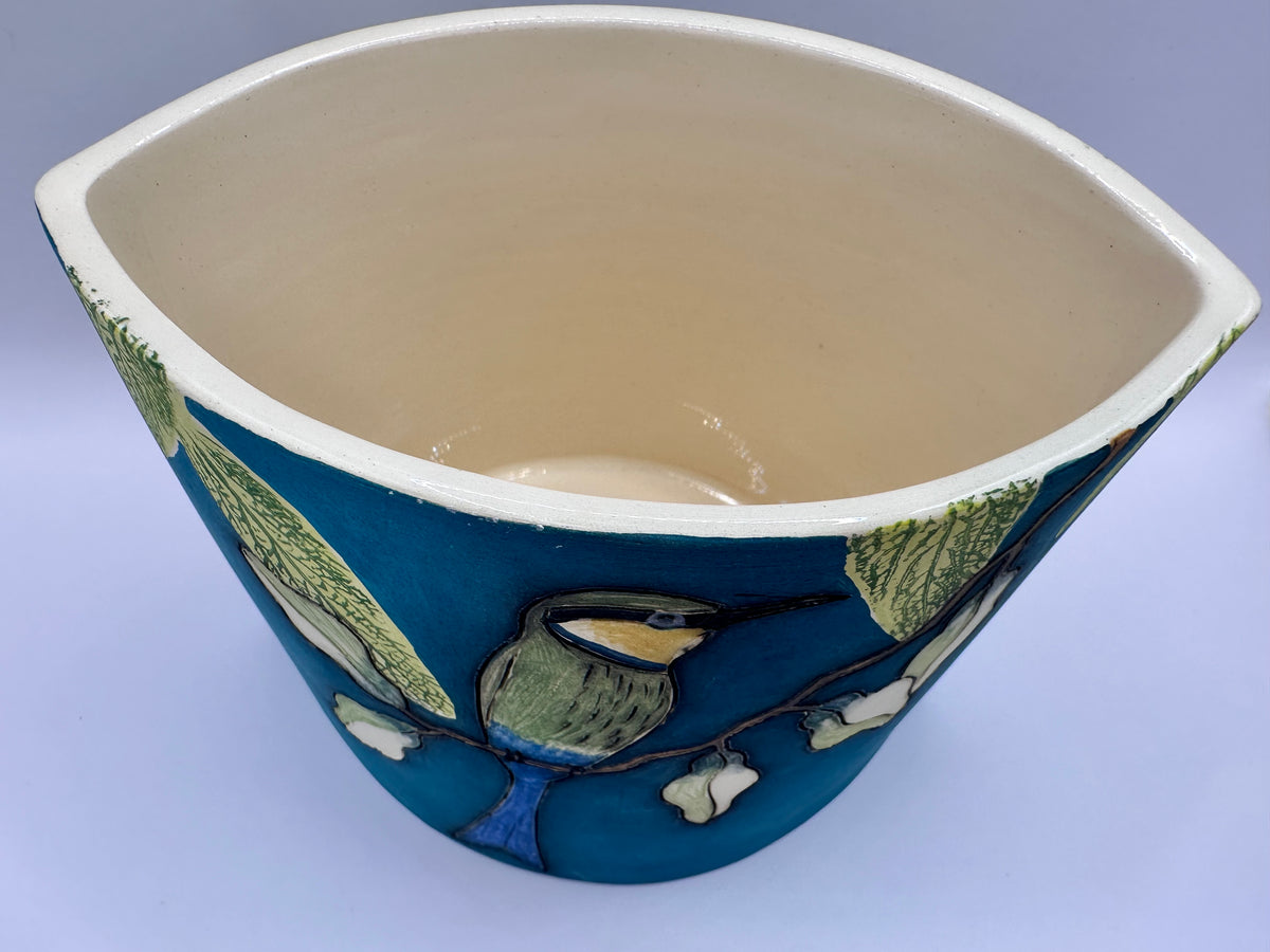 Bird Design Flat Vase in Teal with by Jeanne Jackson