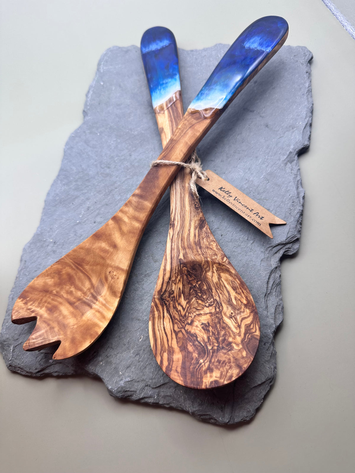 Salad Servers - Resin on Olive Wood by Kelly Vincent
