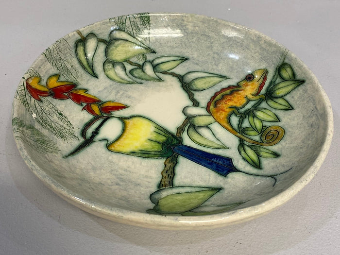 Large Round Bird & Chameleon Dish by Jeanne Jackson