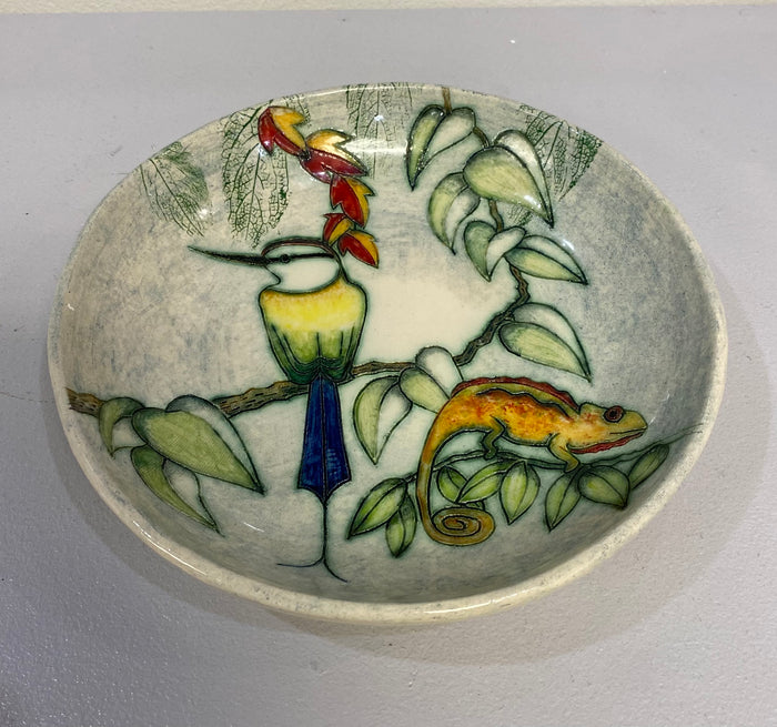 Large Round Bird & Chameleon Dish by Jeanne Jackson