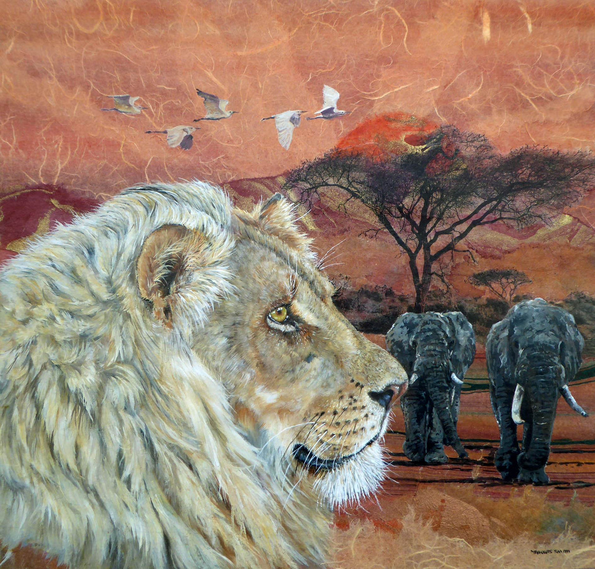 Lion at Tuli - mixed media collage by Linda Travers Smith
