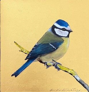 Little Blue Tit painting by Becky Munting, oil and gold leaf on board.