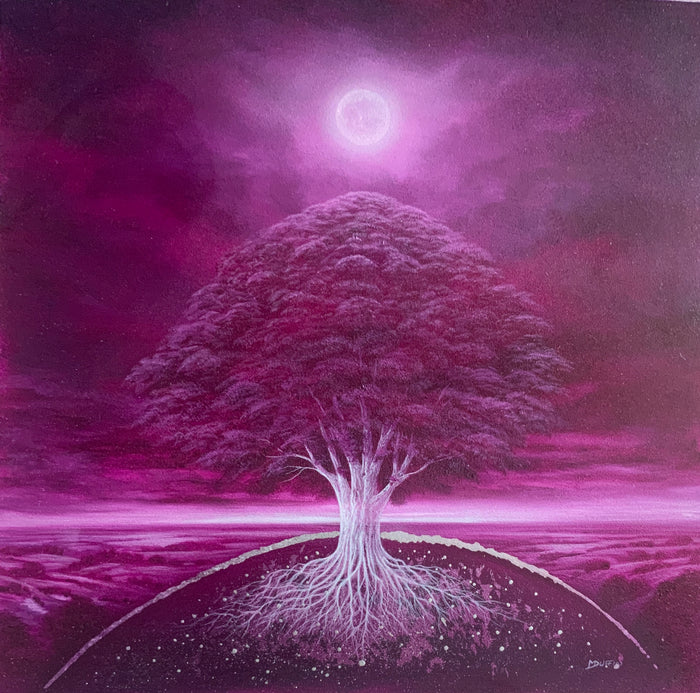 Purple tree with a glowing moon in the sky