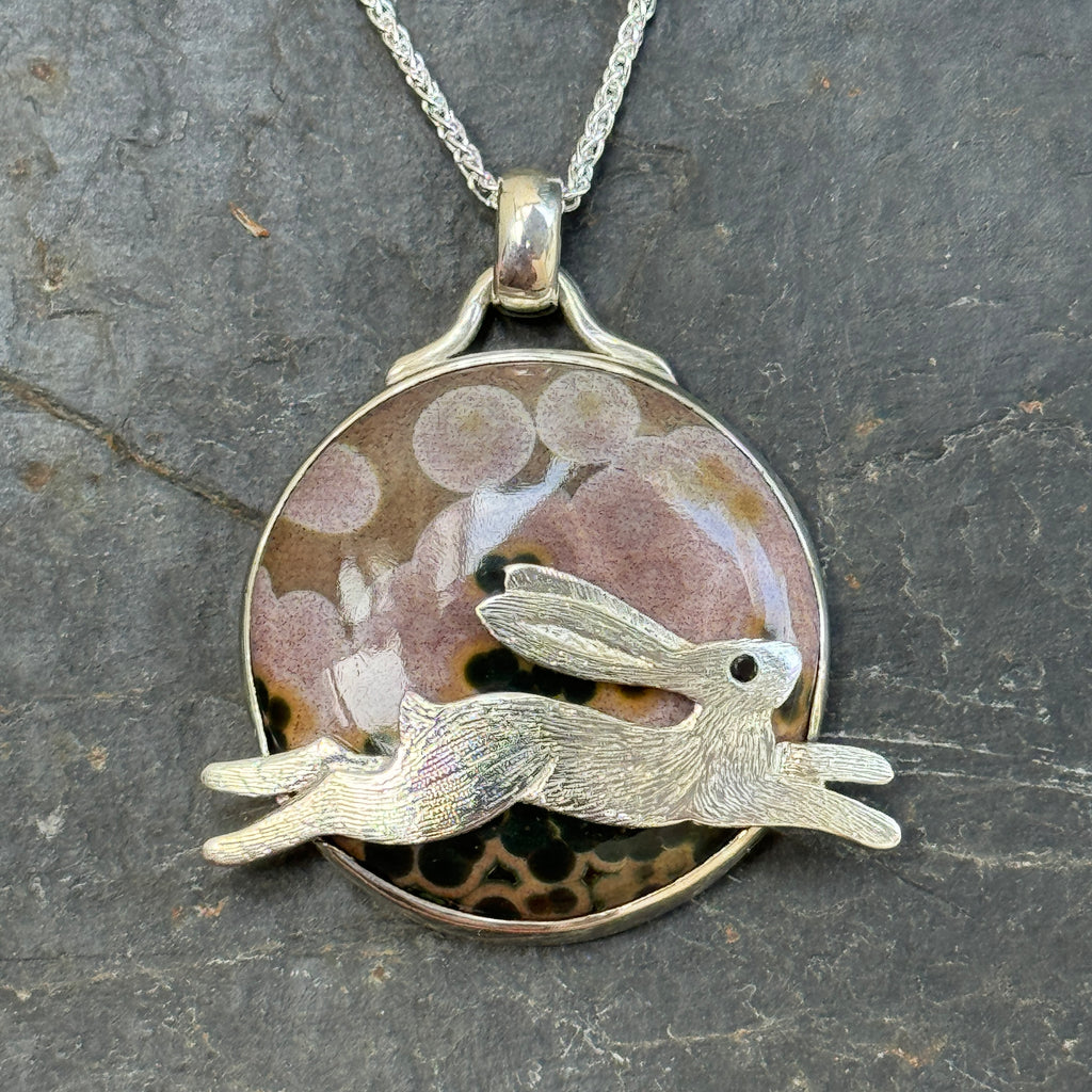 Meadow Leap Hare Silver Ocean Jasper Pendant Hand-Crafted