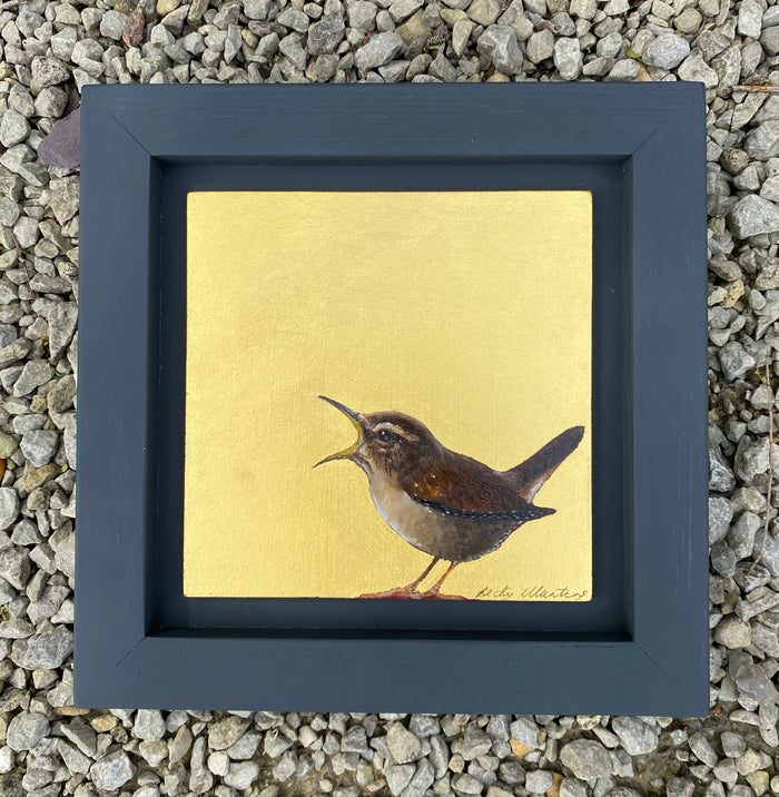 Singing Wren painting by Becky Munting, oil and gold leaf on board.