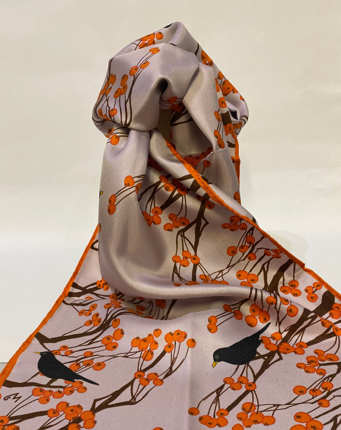 Long 100% silk scarf with blackbird design by Faye Stevens