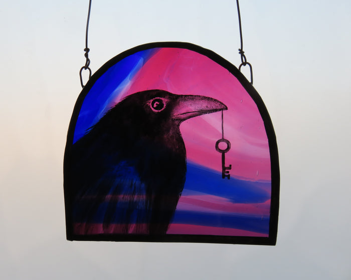 "Crow & Key" (pink & blue) Stained glass panel by Debra Eden