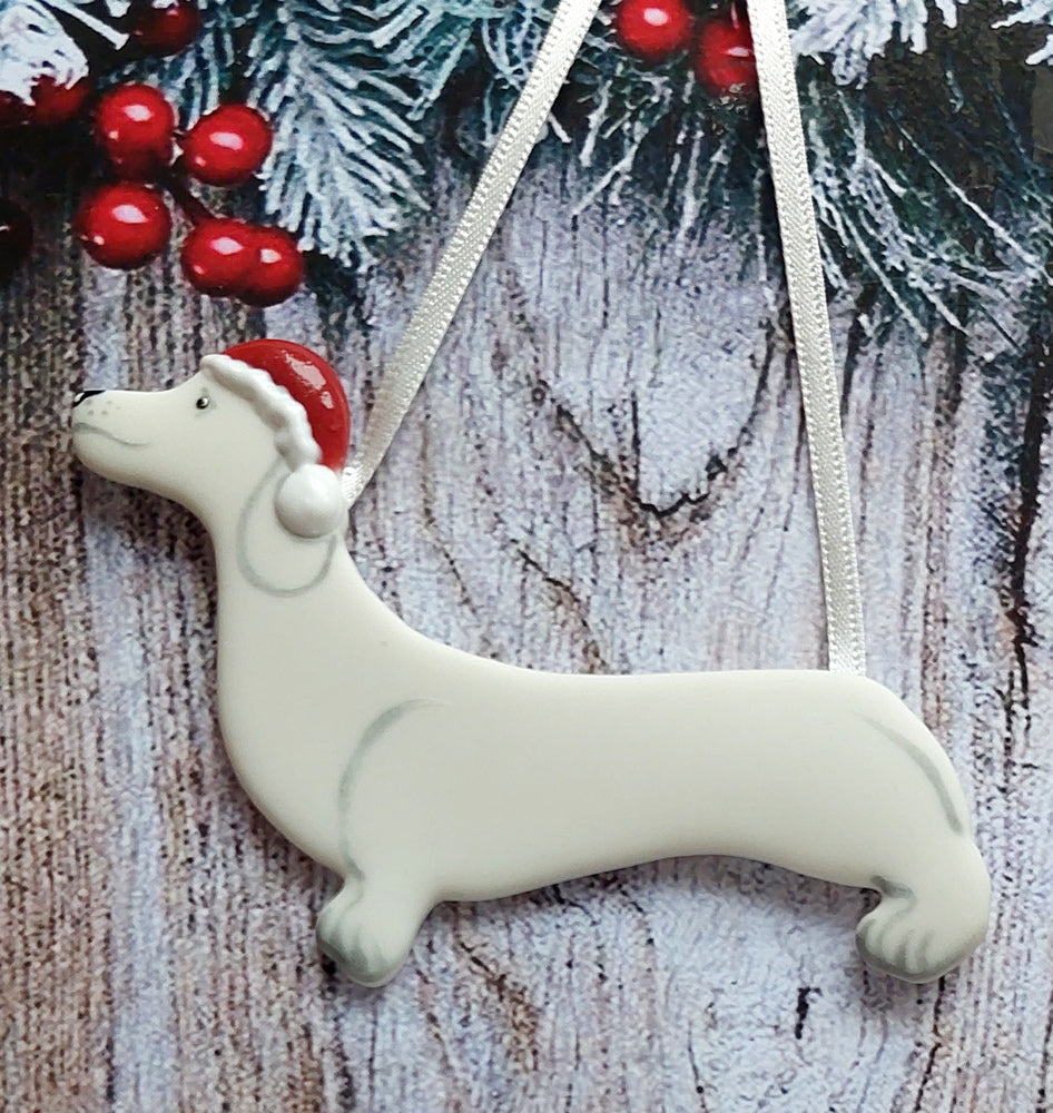 Ceramic Dachshund Through the Snow Christmas Decoration by Angel Ceramics