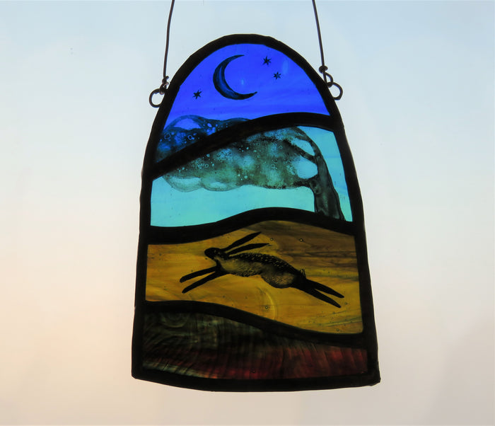 "Dream Tree Hare"  Stained glass panel by Debra Eden