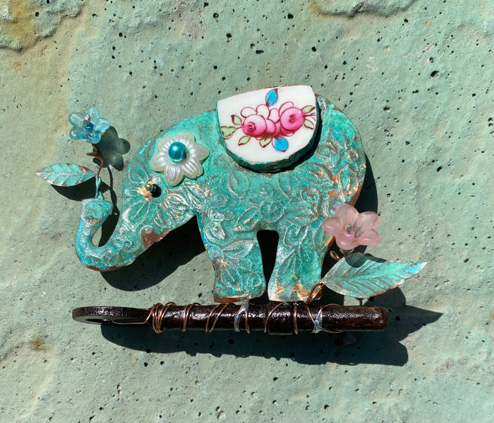 Small Elephant on Key Assemblage Sculpture in Mixed Media by Linda Lovatt