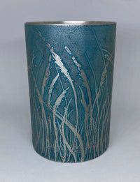 Beautiful teal aluminium vessel - hand etched by Anna Roebuck from her original wild grasses illustration.