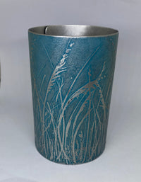 Beautiful teal aluminium vessel - hand etched by Anna Roebuck from her original wild grasses illustration.