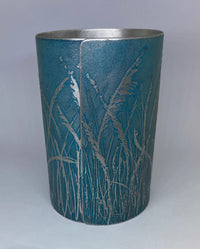 Beautiful teal aluminium vessel - hand etched by Anna Roebuck from her original wild grasses illustration.