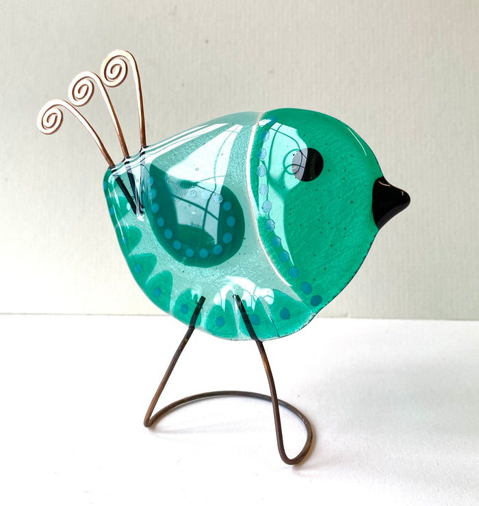 Standing Fused Glass Bird Decoration in Green by Sally Moore