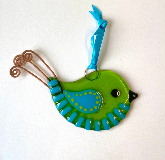 Hanging Fused Glass Bird Decoration by Sally Moore