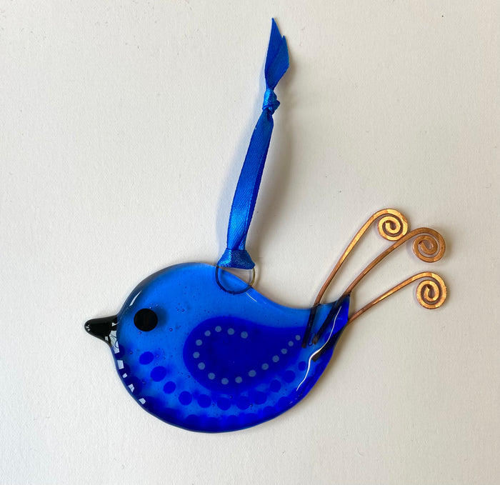 Hanging Fused Glass Bird Decoration in Blue by Sally Moore