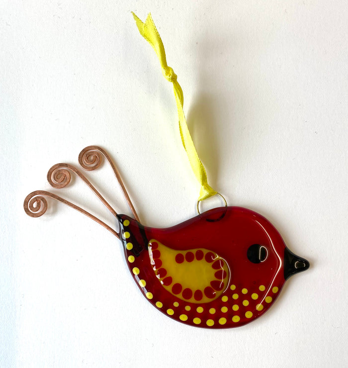 Hanging Fused Glass Bird Decoration in Red by Sally Moore