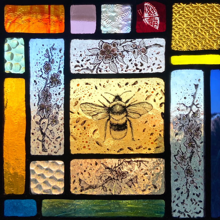 Worker Bee & Apple Blossom - stained glass panel by Rebecca Jones