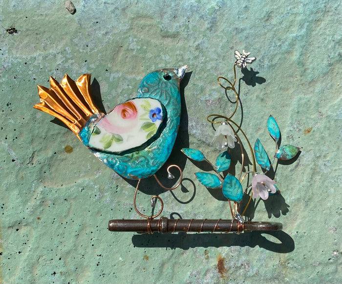 Small Fantail Bird on a Key Assemblage Sculpture in Mixed Media by Linda Lovatt