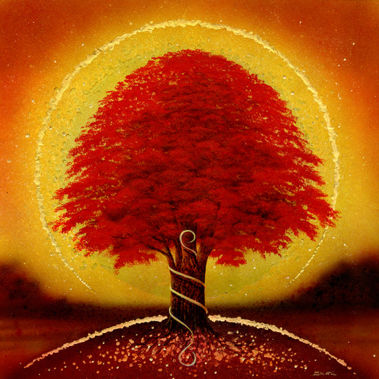 Artistic depiction of a red tree against a yellow background