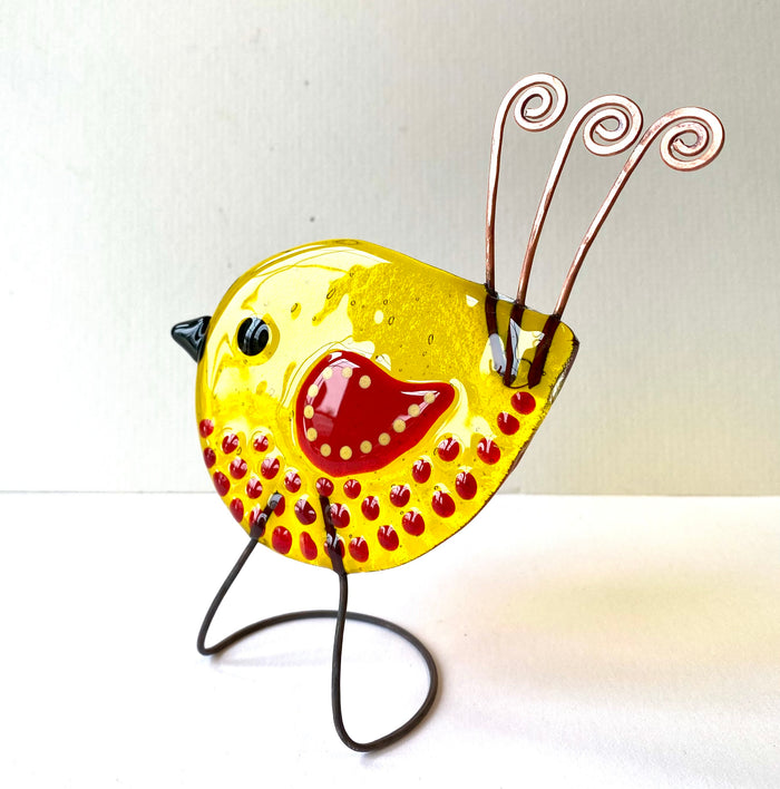 Standing Fused Glass Bird Decoration in Yellow by Sally Moore
