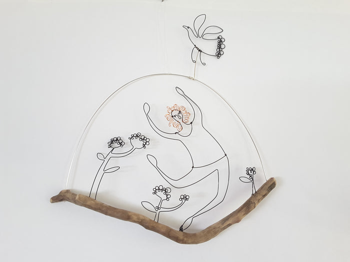 Leaping Lady with Bird - Wire and Driftwood