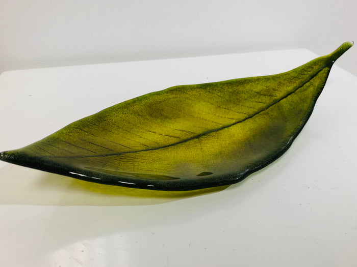 "Olive Tones Leaf" Cast Glass Bowl by Anna Croxen