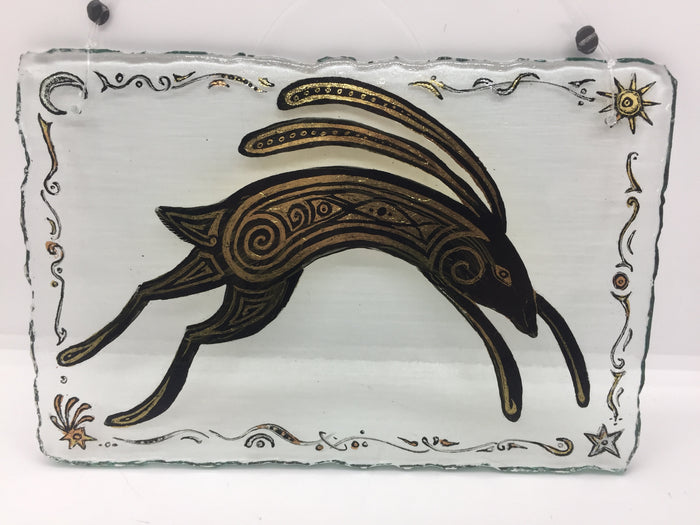 Celtic Hare Jumping stained and painted glass panel by Bryan John Smith