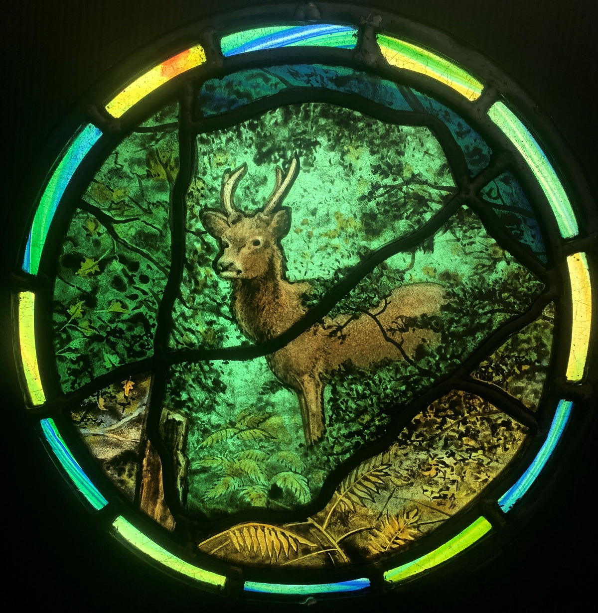 Deer Roundel - hand painted and leaded stained-glass panel by Petri An…