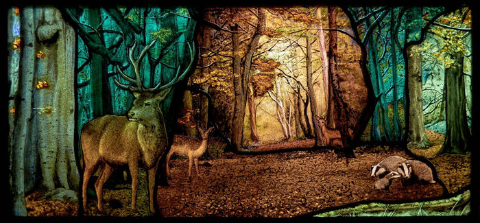 Deer and Badgers - hand painted and leaded stained-glass panel by Petri Anderson.