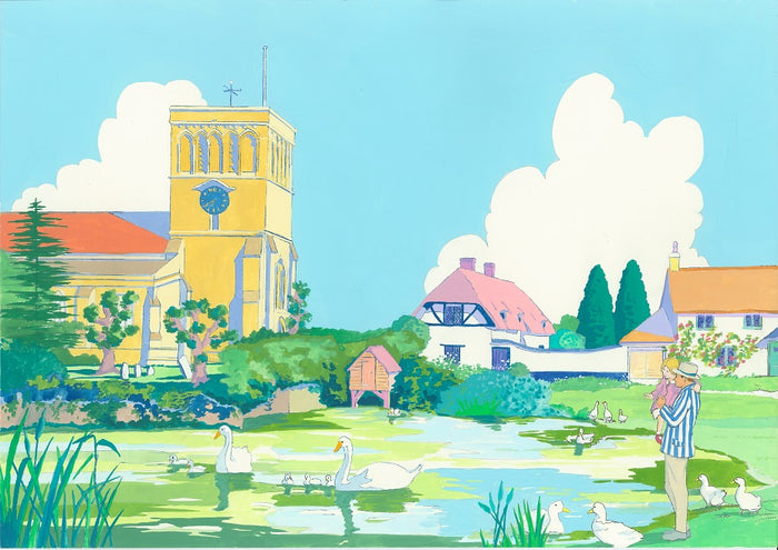 "Haddenham Church and Duck Pond" limited edition print by Mary Casserley