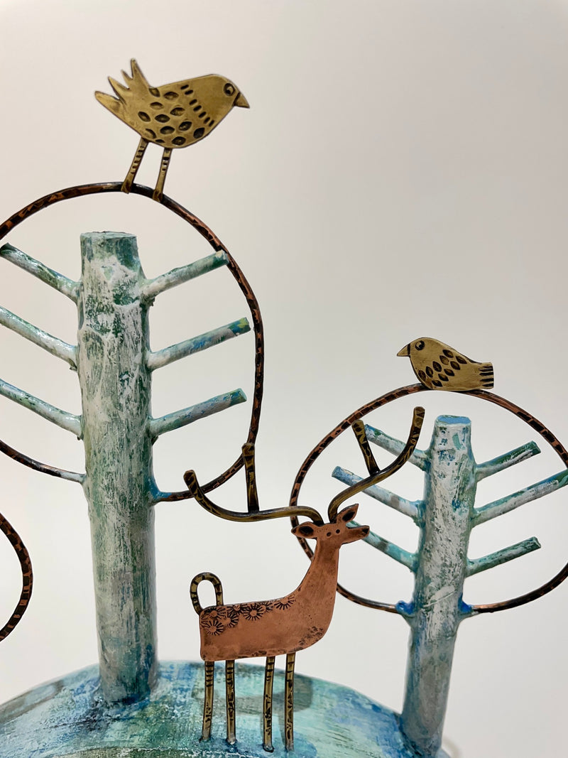 Woodland with three trees, birds, deer and leaping hare by Frances Noon
