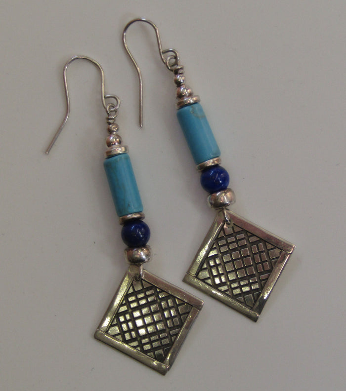 Turquoise and Lapis Silver Earrings by Anne Farag