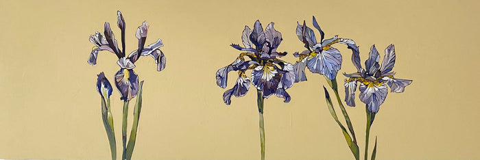 "A Line of Iris FLowers on Yellow" original painting by Jenni Cator