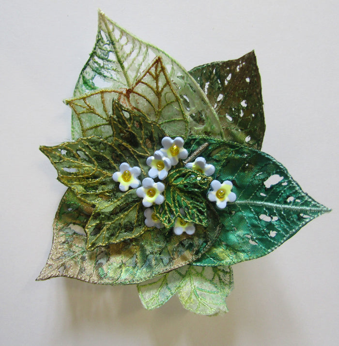 Boxed Cluster Leaf Brooch with Forget-Me-Nots by Vikki Lafford Garside