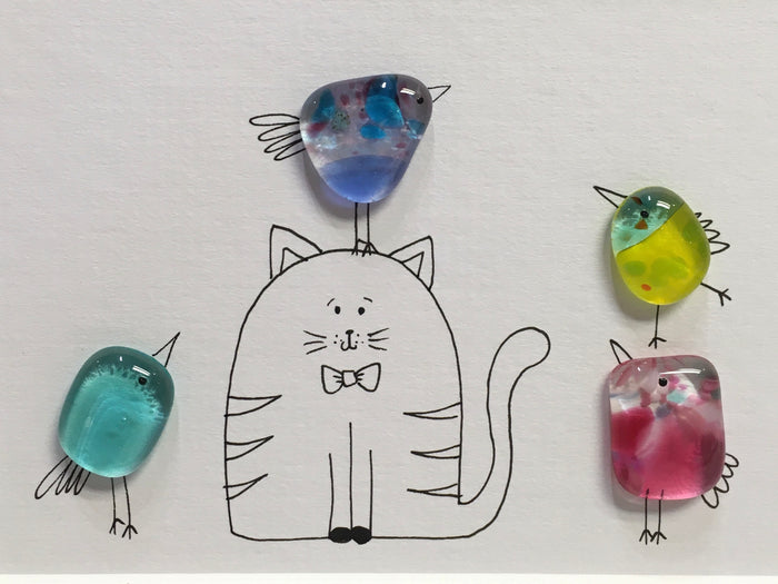 Cat Bird - Fused Glass and Illustration