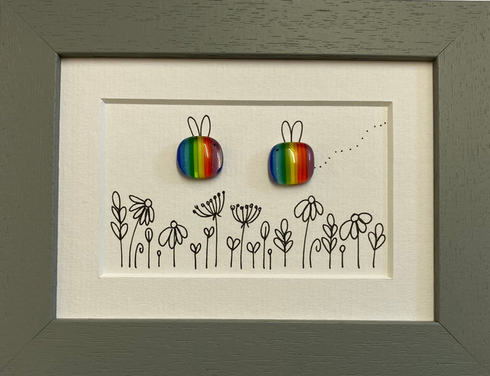 2 Rainbow Bees - Fused Glass and Illustration by Niko Brown (NB184)